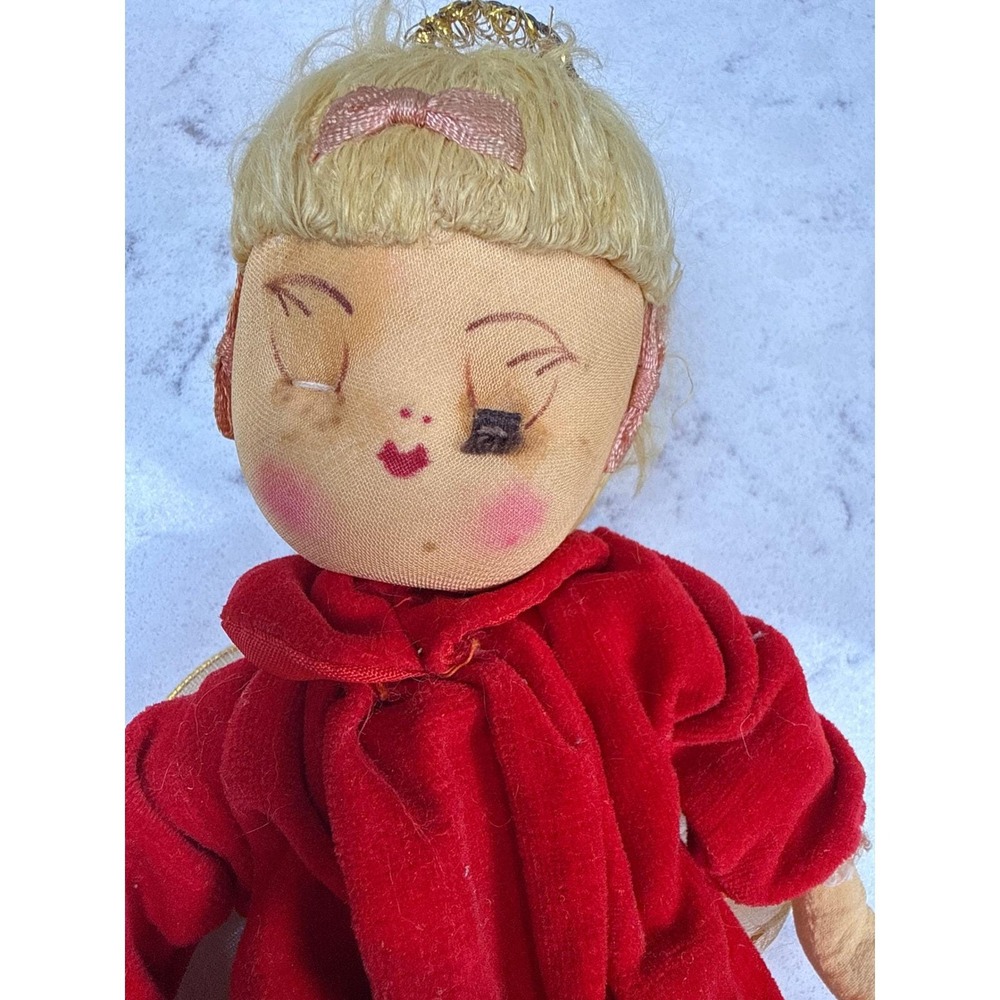 Vintage Mid Century Red Velvet Angel Doll Hand Painted Face Christmas Decor‎ 11"